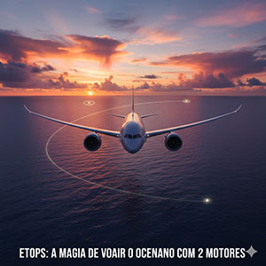 Aviao bimotor de longo curso a sobrevoar o oceano no conceito ETOPS